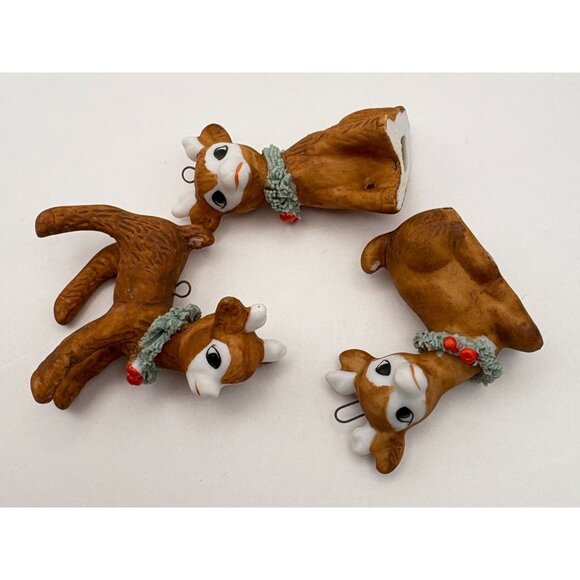 Vintage Mini Reindeer Christmas Tree Ornaments Set Of 3 Ceramic Original Box - Picture 6 of 10